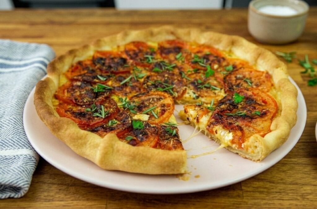 Une part de tarte aux tomates retirée montrant du fromage fondu filant avec une fourchette à côté.