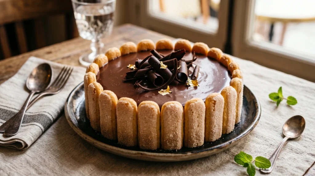 Charlotte à la mousse au chocolat maison avec biscuits à la cuillère et mousse légère au chocolat noir.