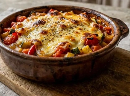 Gratin méditerranéen maison au couscous, courgettes et poivrons gratinés