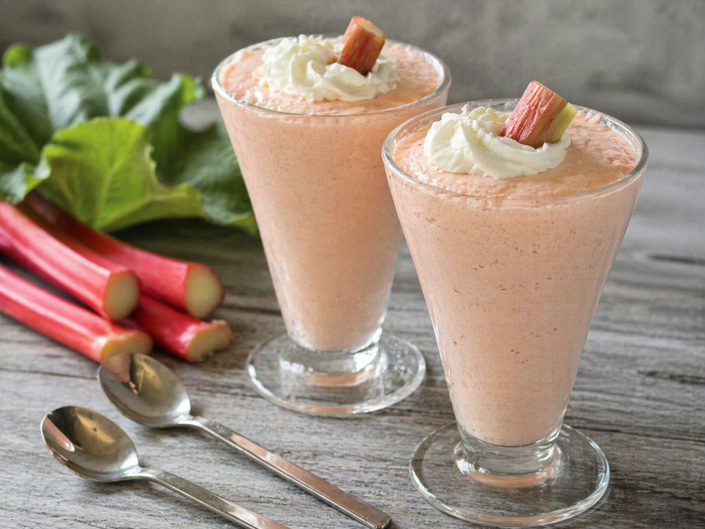 mousse à la rhubarbe servie en verrines avec crème fouettée