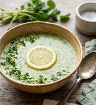 Velouté de cresson servi dans un bol avec une rondelle de citron