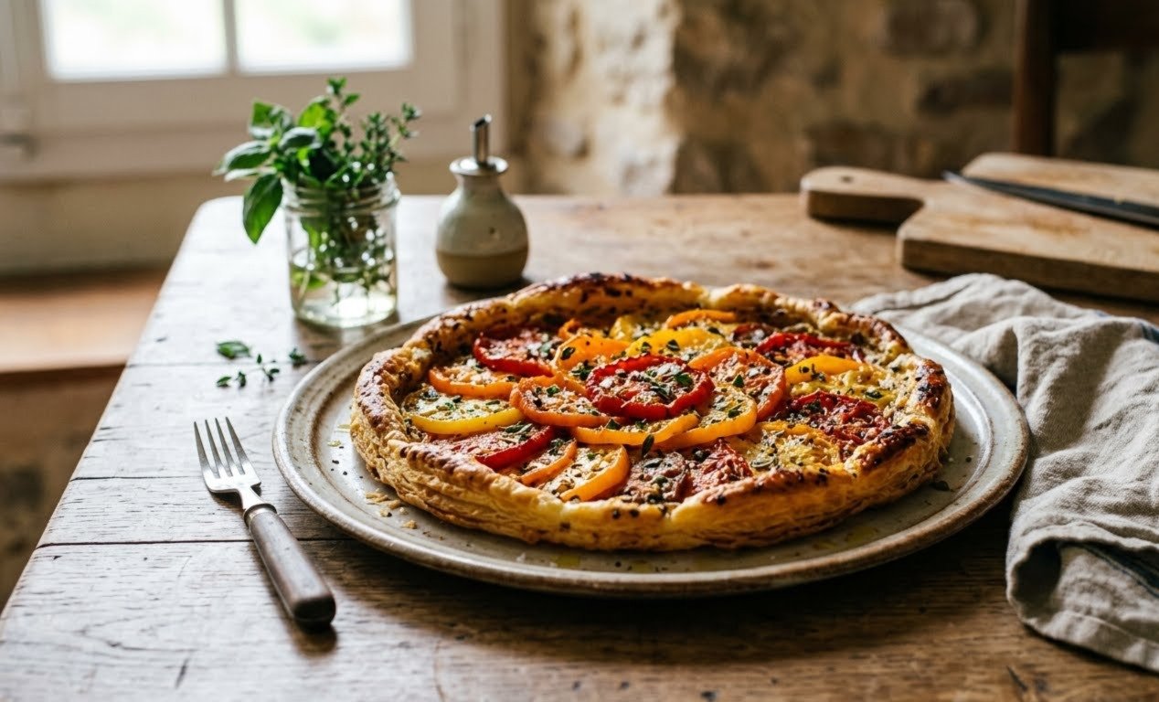 Tarte fine aux tomates jaunes et rouges sur une table en bois rustique à côté d'une fourchette et d'herbes fraîches.
