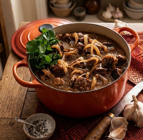 Cocotte en fonte contenant un bœuf braisé fumant avec des oignons et du cresson frais.