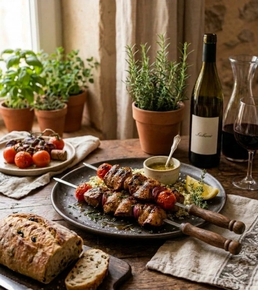 Brochettes de foies de volaille grillées avec tomates et lard fumé servies sur un plat rustique
