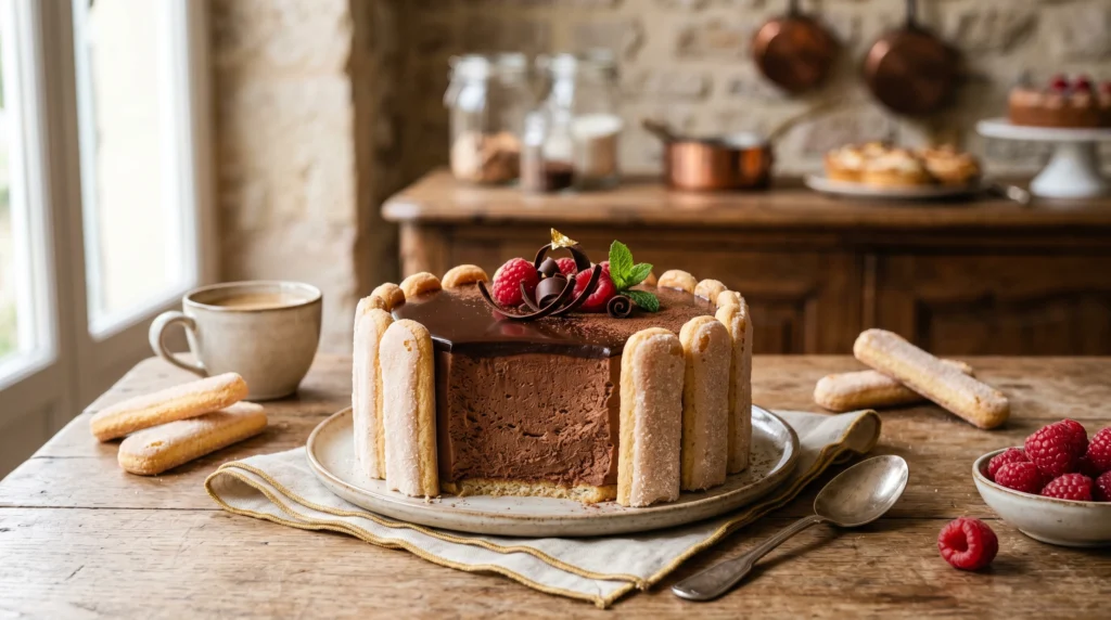 Charlotte à la mousse au chocolat maison avec biscuits à la cuillère et mousse légère au chocolat noir.