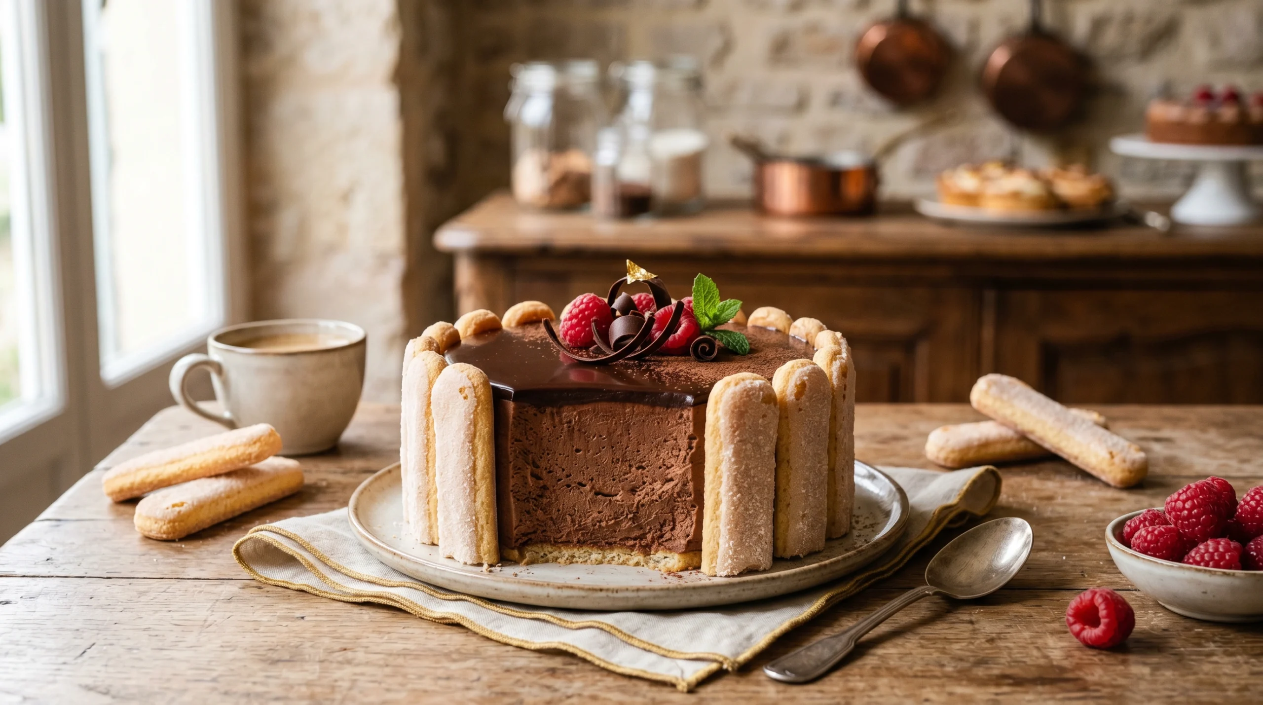 Charlotte à la mousse au chocolat maison avec biscuits à la cuillère et mousse légère au chocolat noir.