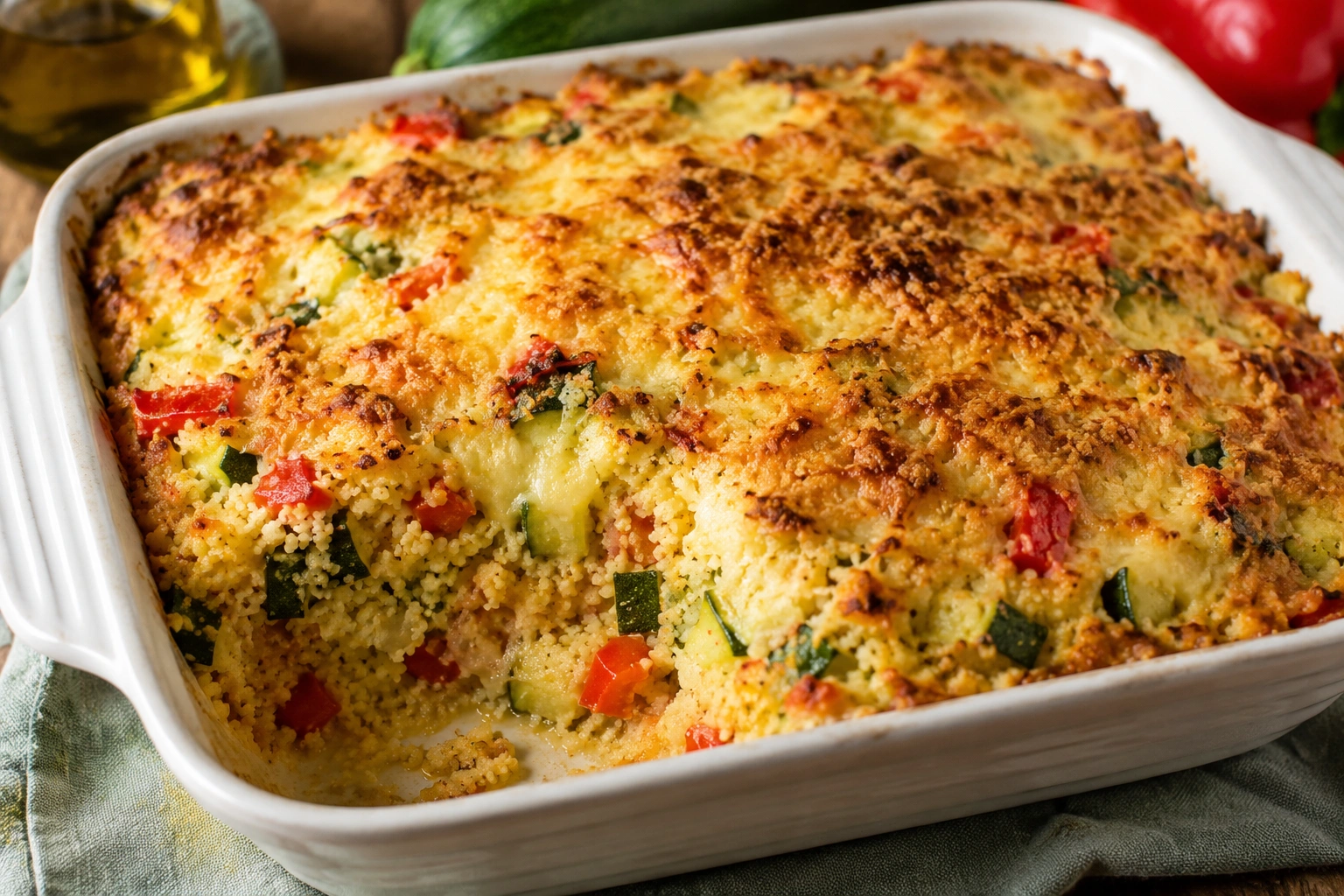 Gratin méditerranéen maison au couscous, courgettes et poivrons gratinés